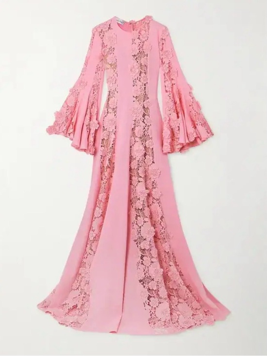 Oscar de la Renta Dresses & Skirts - Oscar de la Renta Pink Guipure Lace Bell-Sleeve Maxi Dress
